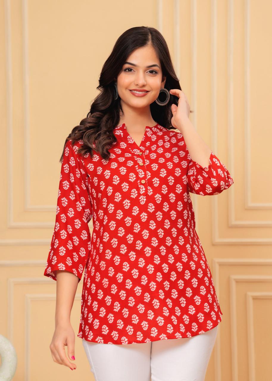 Pink Mandarin Collar Short Kurti with White & Red Block Print and Button Detail