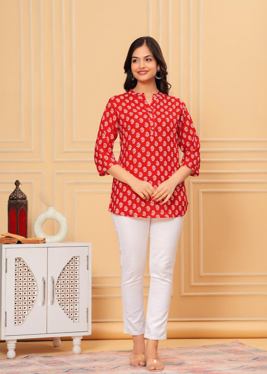 Pink Mandarin Collar Short Kurti with White & Red Block Print and Button Detail