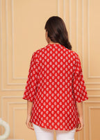 Pink Mandarin Collar Short Kurti with White & Red Block Print and Button Detail