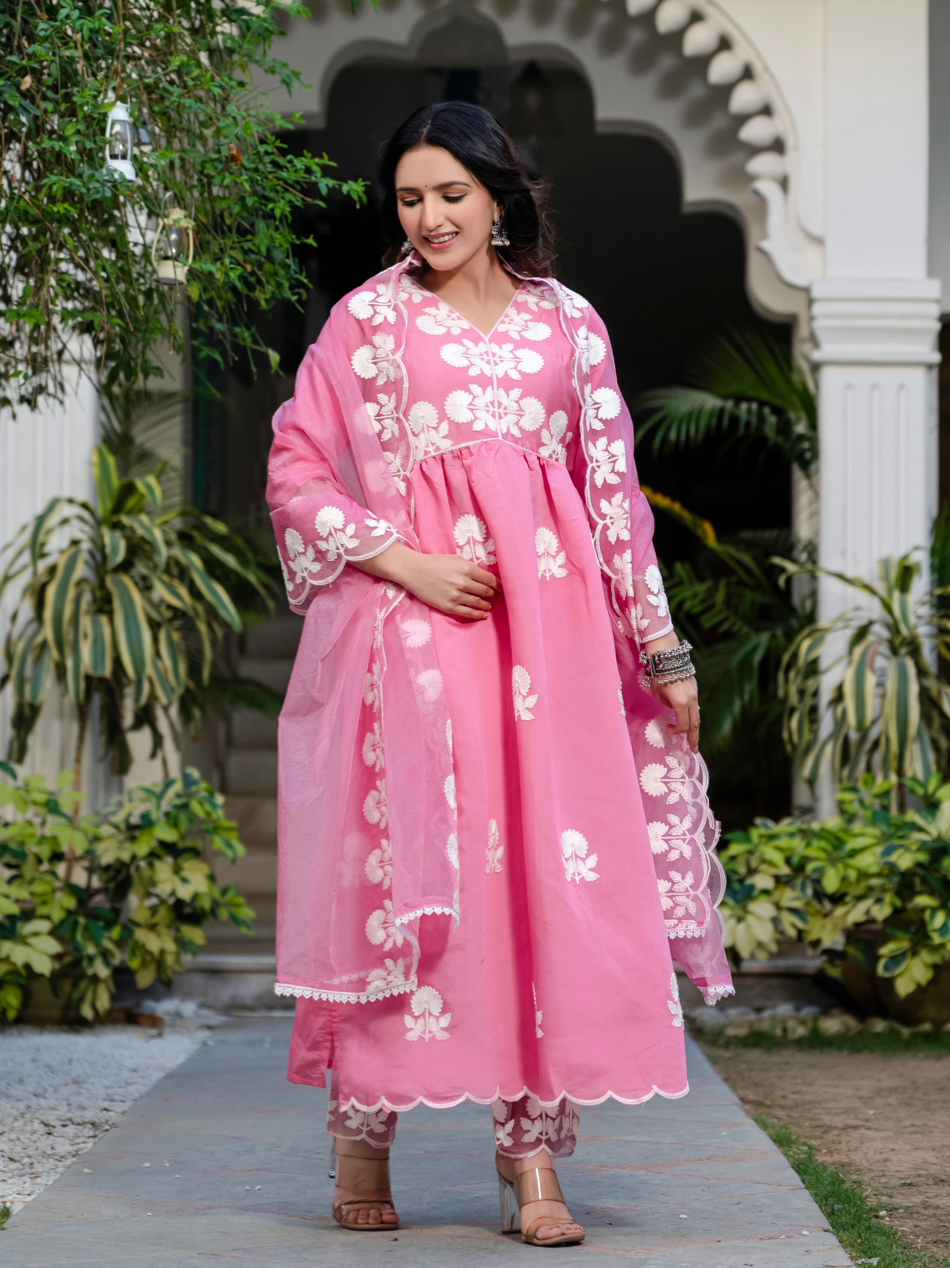Pink Floral Embroidered V-Neck A-Line Kurta With Trouser & Dupatta