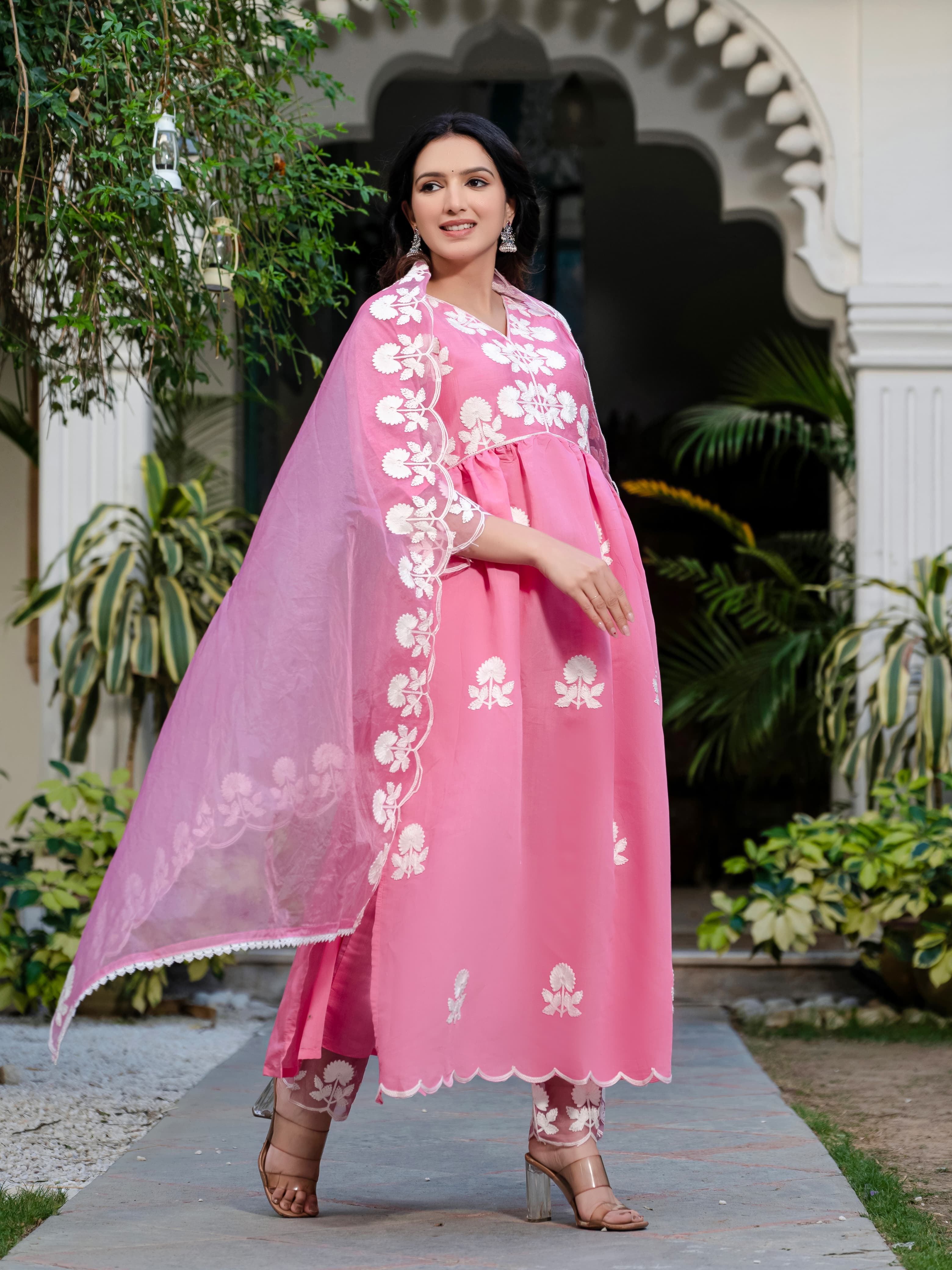 Pink Floral Embroidered V-Neck A-Line Kurta With Trouser & Dupatta