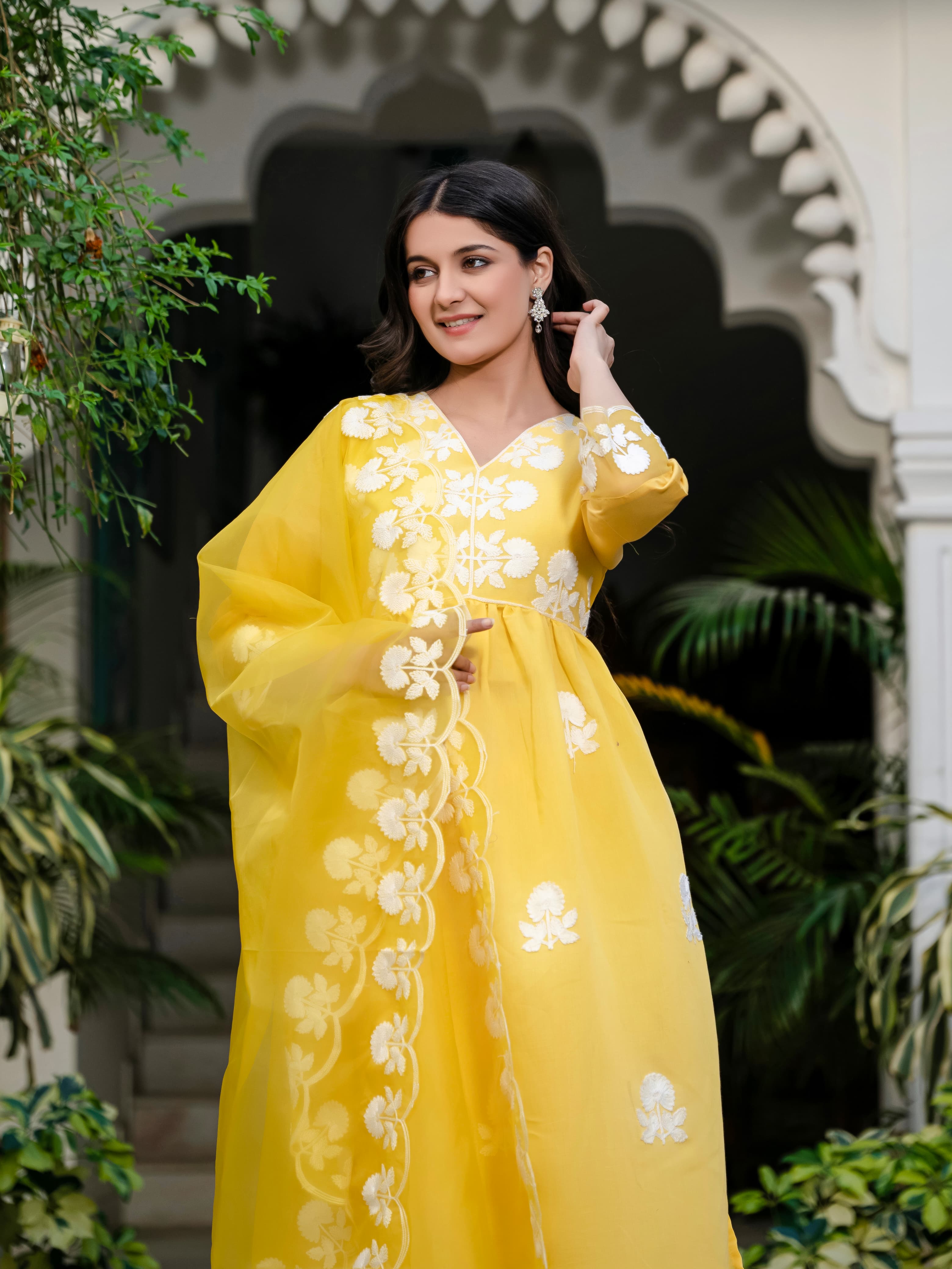 Yellow Floral Embroidered V-Neck A-Line Kurta With Trouser & Dupatta