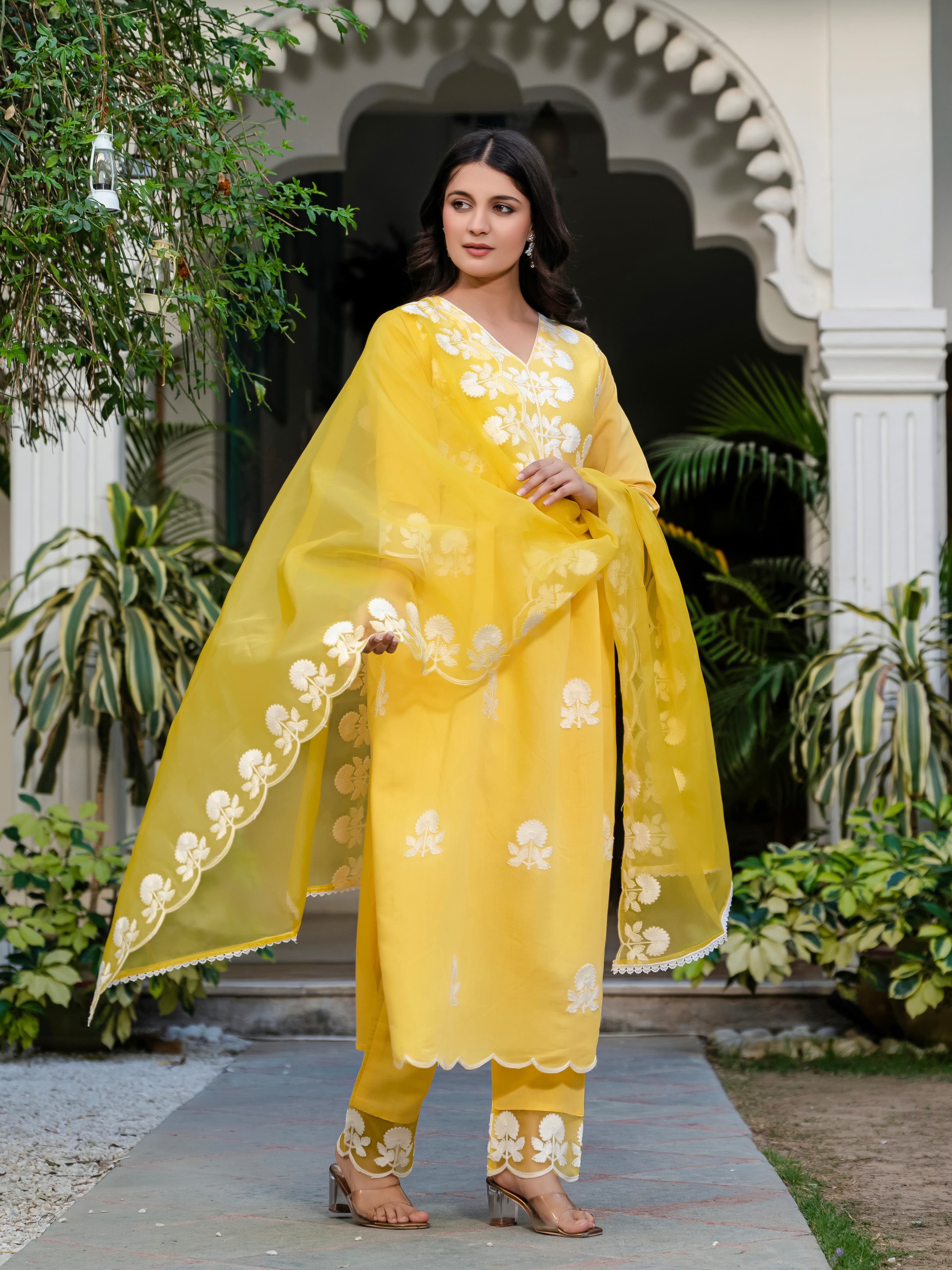 Yellow Floral Embroidered V-Neck A-Line Kurta With Trouser & Dupatta