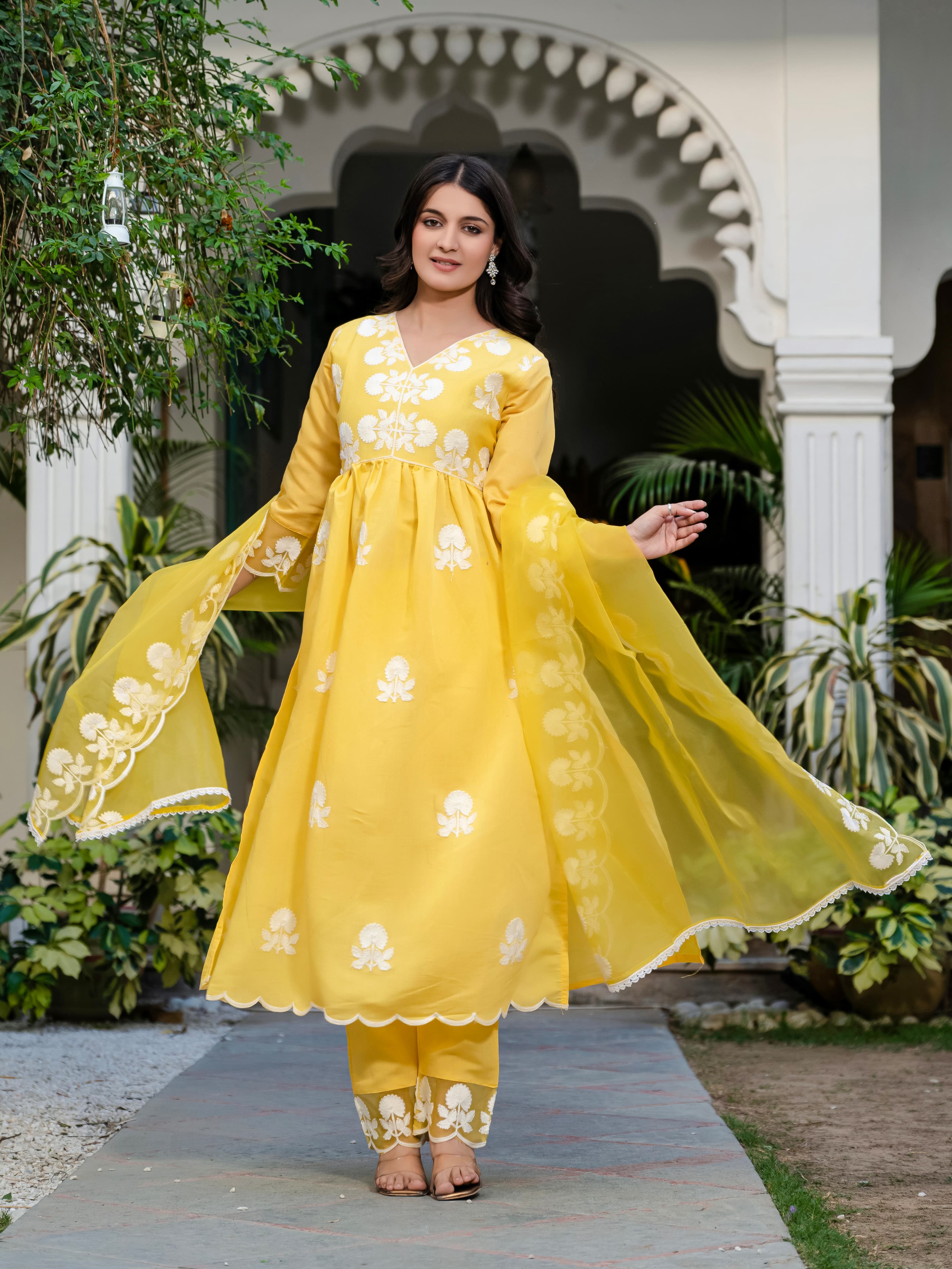 Yellow Floral Embroidered V-Neck A-Line Kurta With Trouser & Dupatta