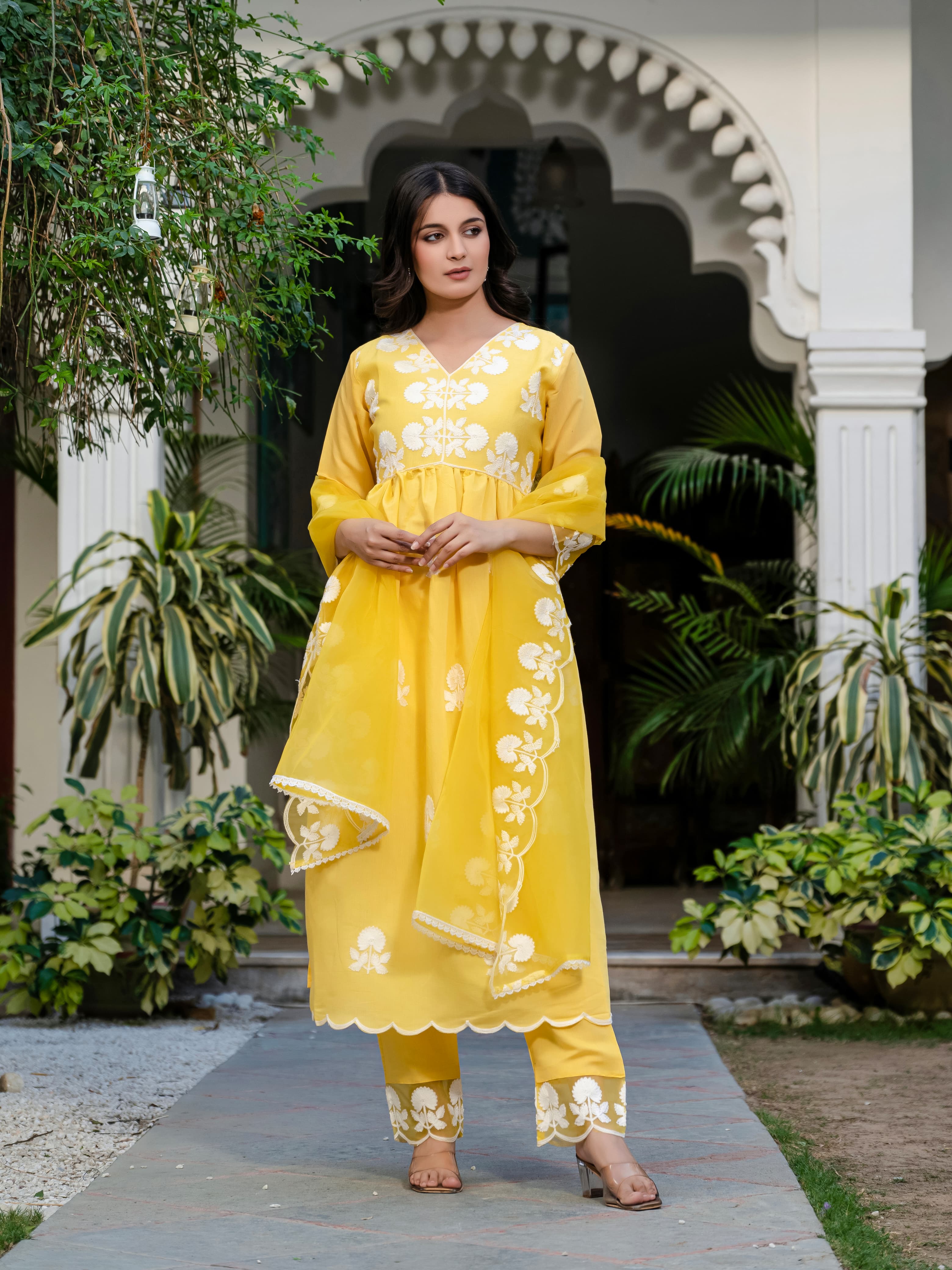 Yellow Floral Embroidered V-Neck A-Line Kurta With Trouser & Dupatta