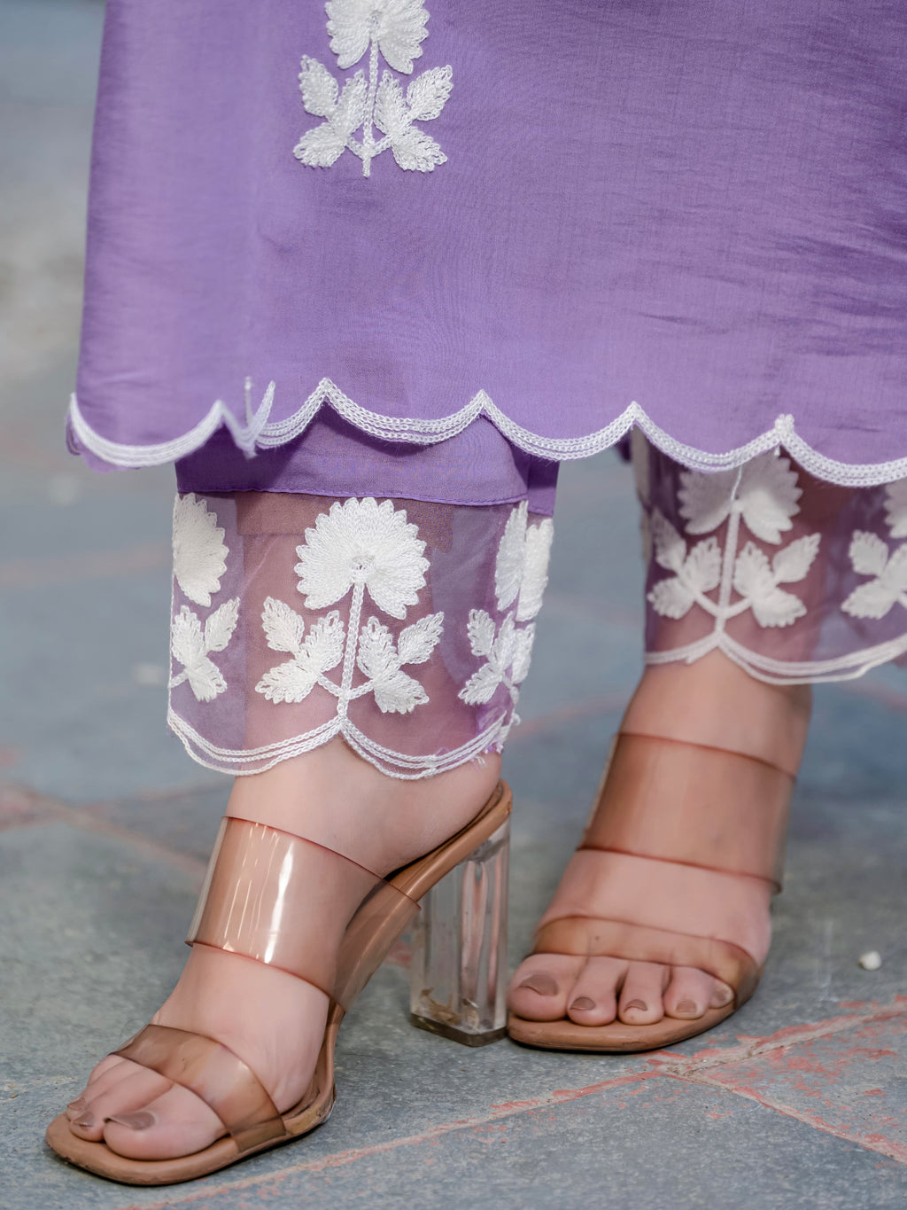Purple Floral Embroidered V-Neck A-Line Kurta With Trouser & Dupatta