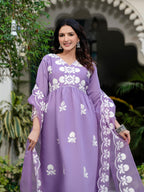 Purple Floral Embroidered V-Neck A-Line Kurta With Trouser & Dupatta