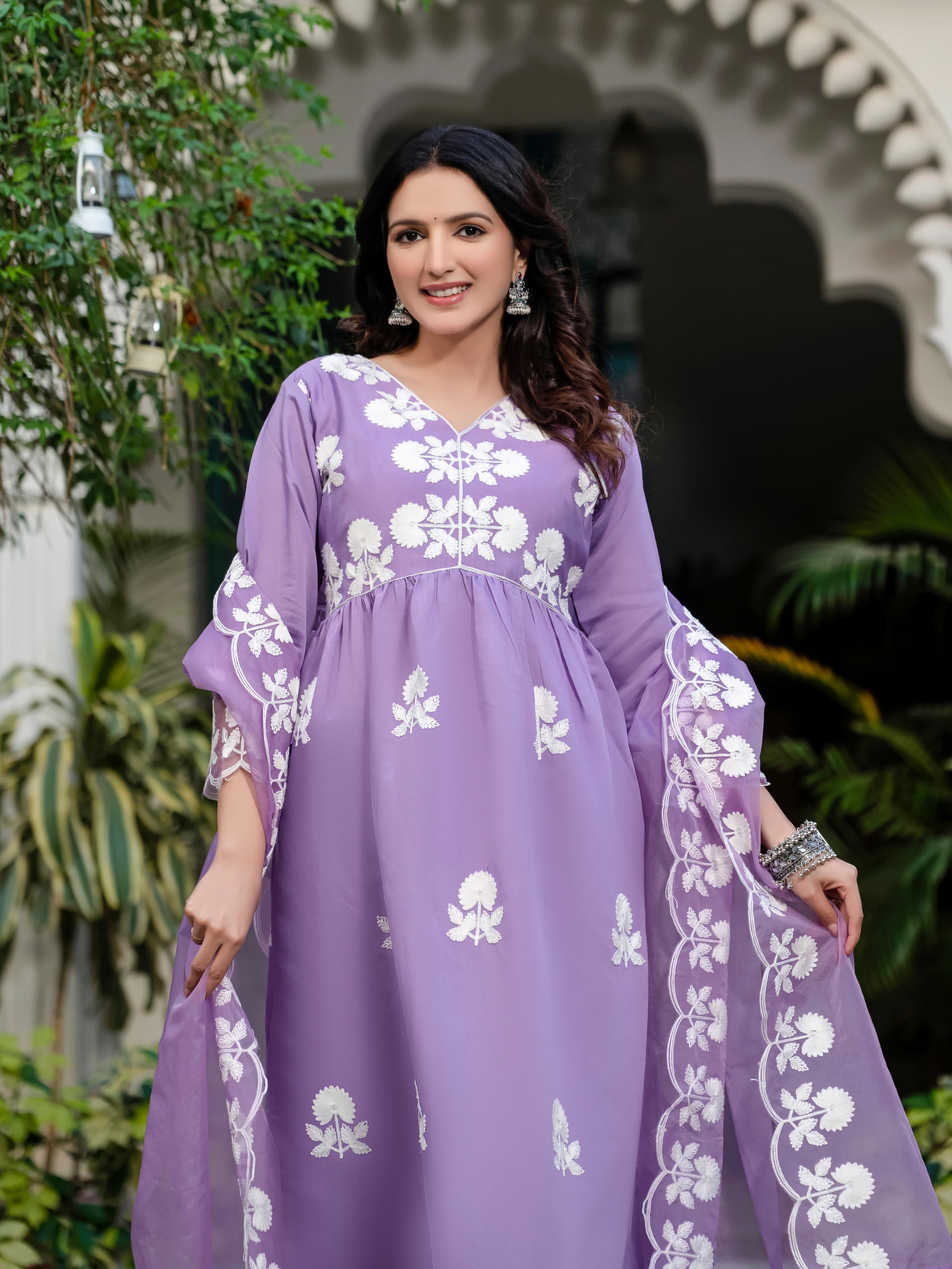 Purple Floral Embroidered V-Neck A-Line Kurta With Trouser & Dupatta