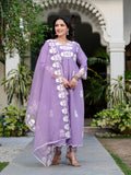Purple Floral Embroidered V-Neck A-Line Kurta With Trouser & Dupatta