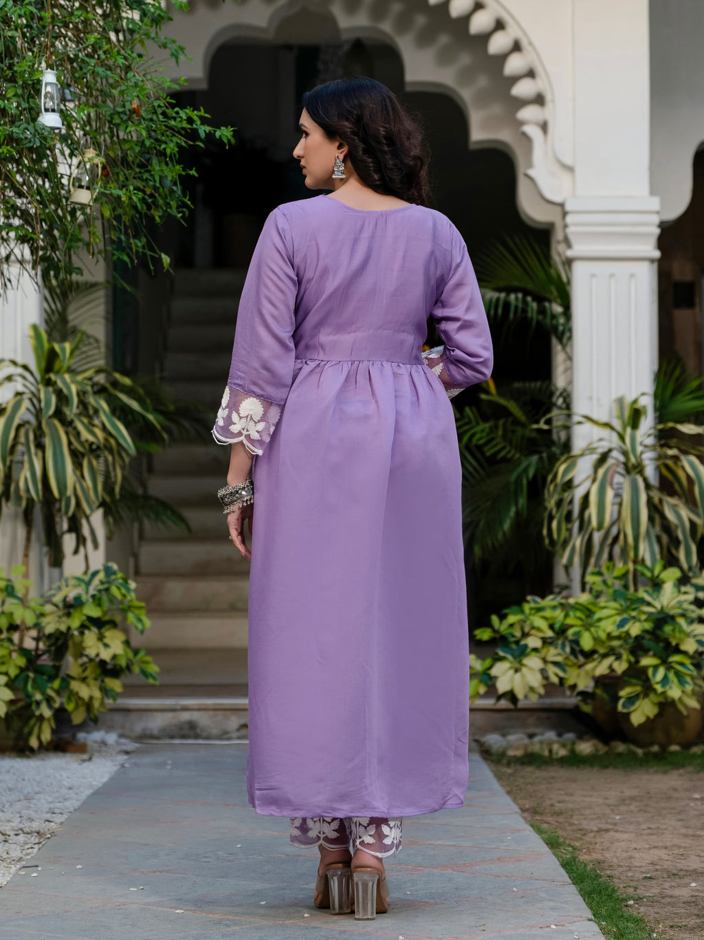 Purple Floral Embroidered V-Neck A-Line Kurta With Trouser & Dupatta