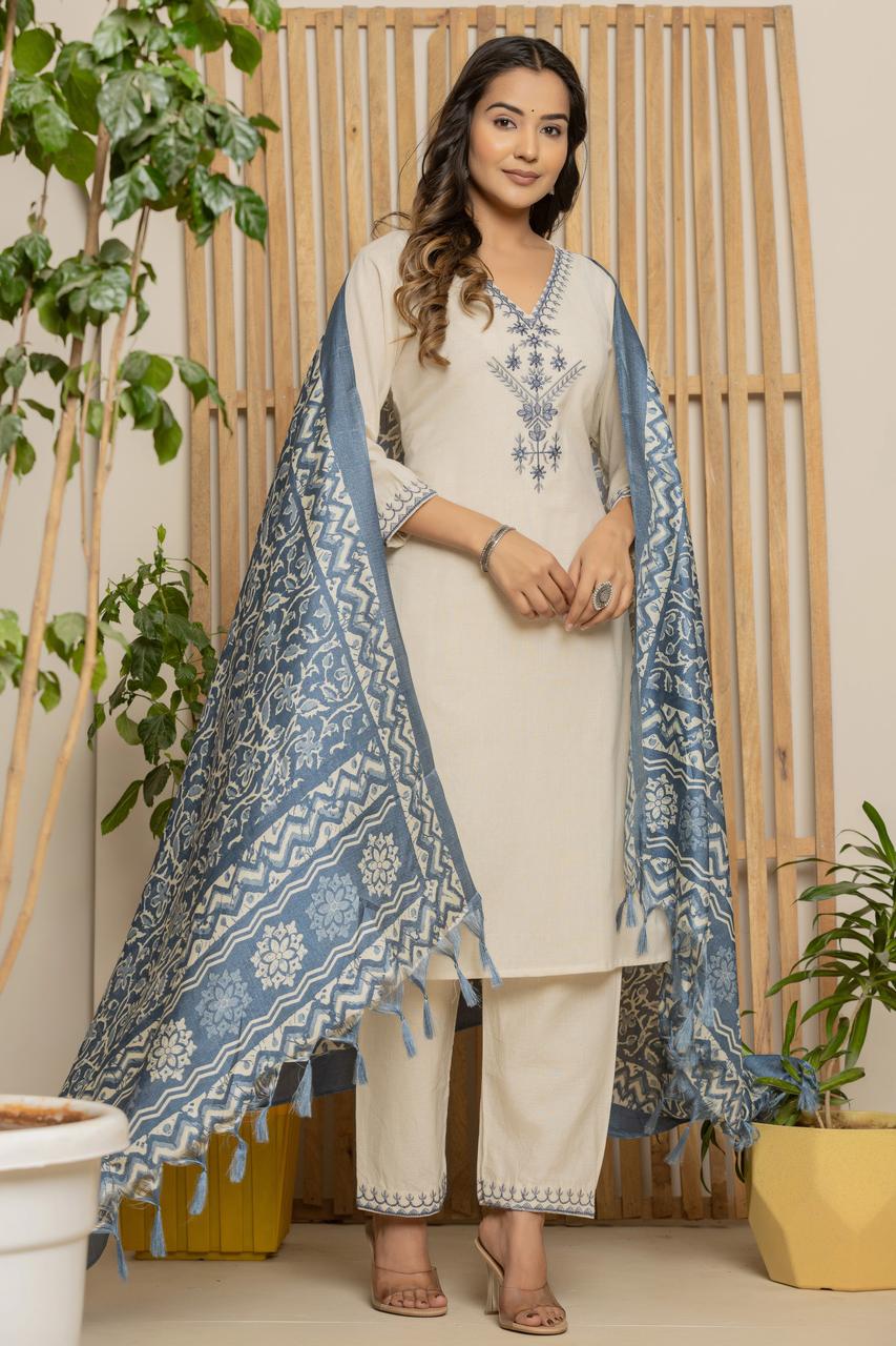 Royal Indigo Embroidered Kurta Set – Silk Dupatta & Elegant Bottoms