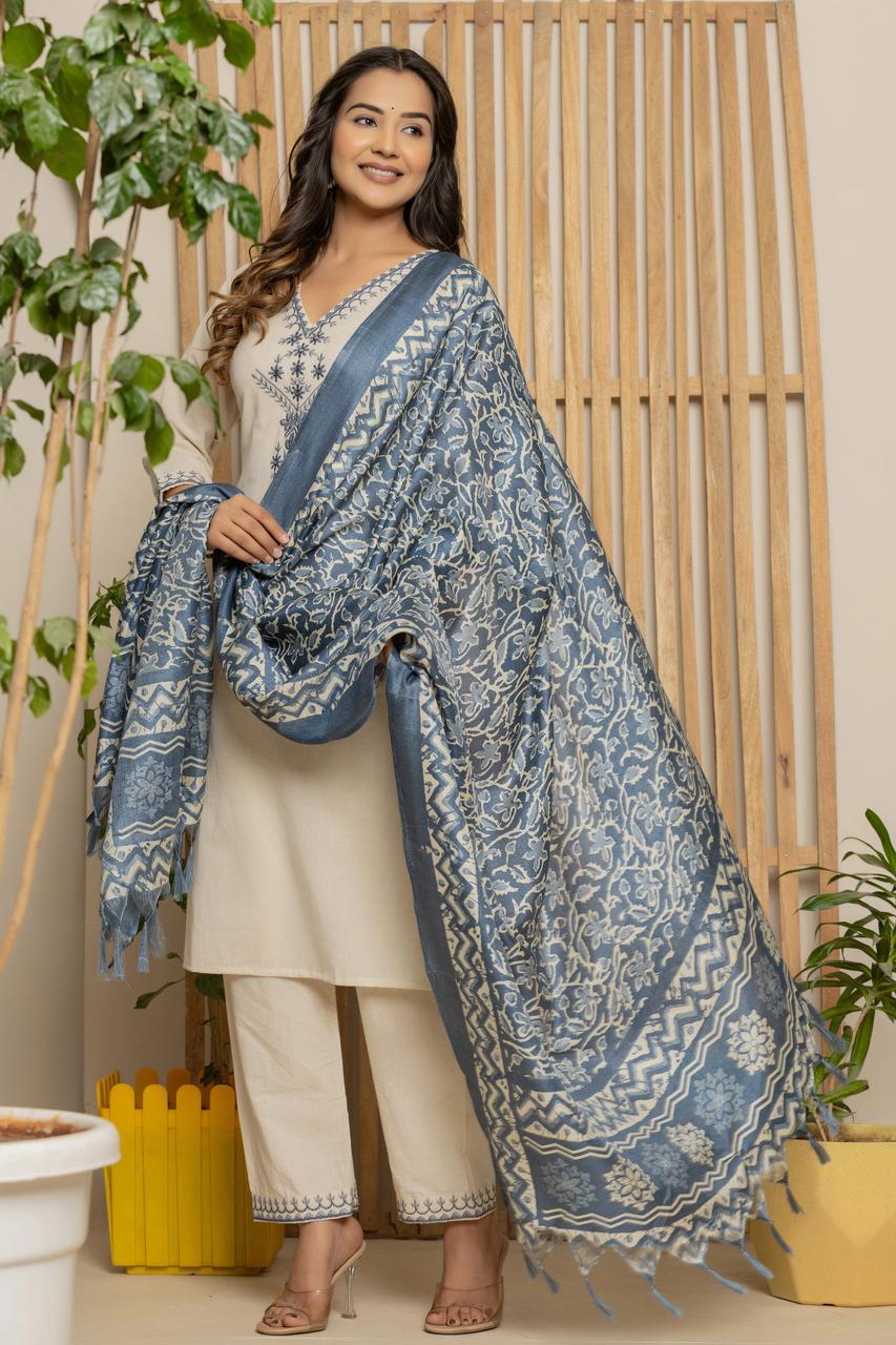 Royal Indigo Embroidered Kurta Set – Silk Dupatta & Elegant Bottoms