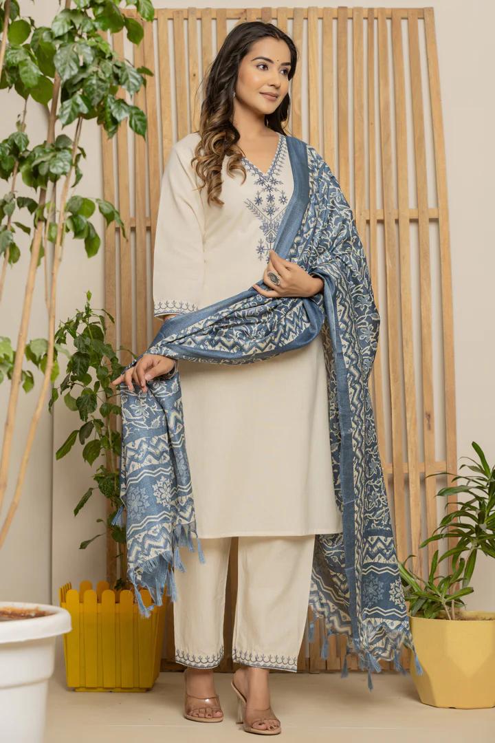 Royal Indigo Embroidered Kurta Set – Silk Dupatta & Elegant Bottoms