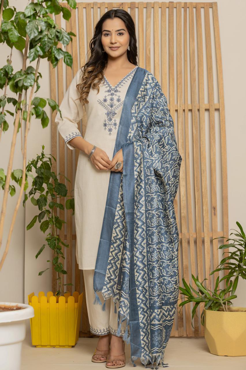 Royal Indigo Embroidered Kurta Set – Silk Dupatta & Elegant Bottoms