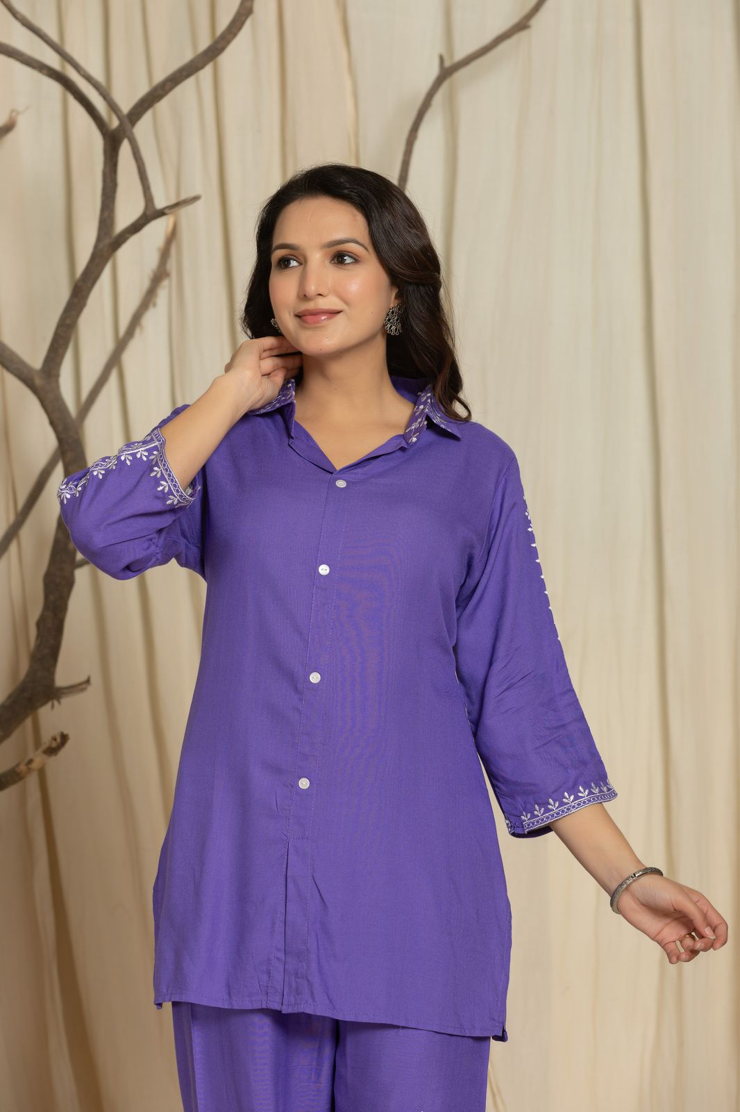 Casual Violet Color Printed Cotton Cord Set
