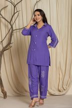 Casual Violet Color Printed Cotton Cord Set