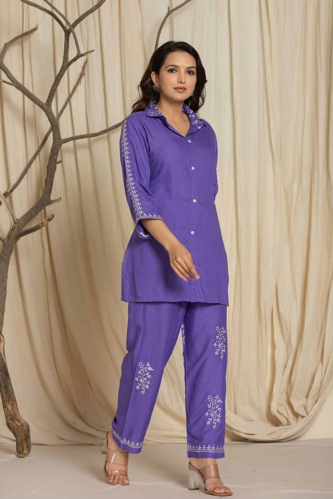 Casual Violet Color Printed Cotton Cord Set