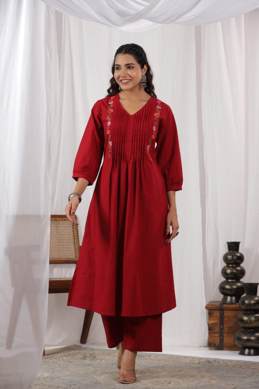 Beautiful Maroon Colored Pure Cotton Pleated Pattern Kurta With Heavy Embroidery