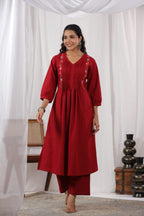 Beautiful Maroon Colored Pure Cotton Pleated Pattern Kurta With Heavy Embroidery