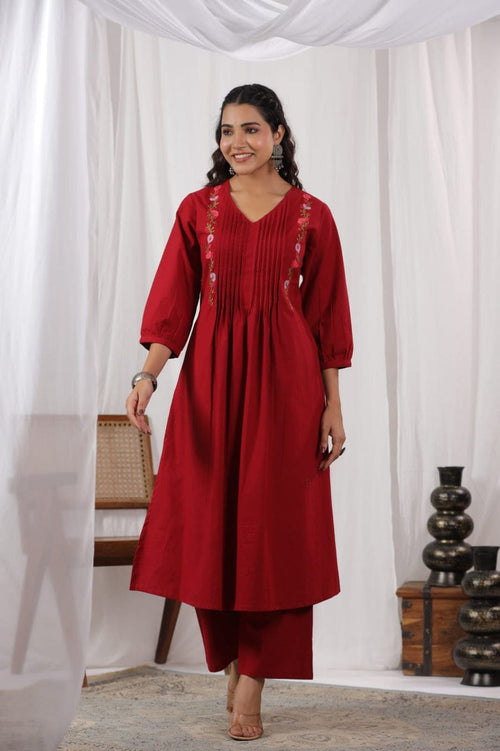 Beautiful Maroon Colored Pure Cotton Pleated Pattern Kurta With Heavy Embroidery