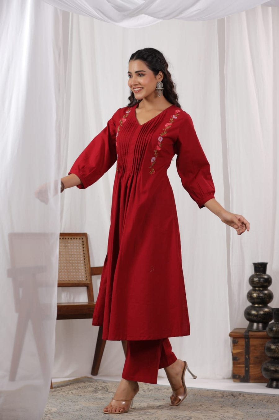 Beautiful Maroon Colored Pure Cotton Pleated Pattern Kurta With Heavy Embroidery