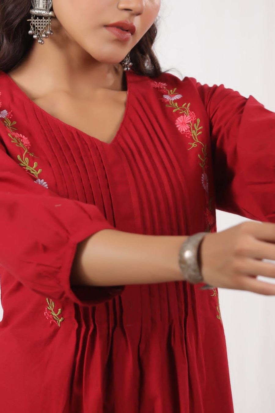 Beautiful Maroon Colored Pure Cotton Pleated Pattern Kurta With Heavy Embroidery