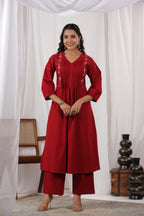 Beautiful Maroon Colored Pure Cotton Pleated Pattern Kurta With Heavy Embroidery