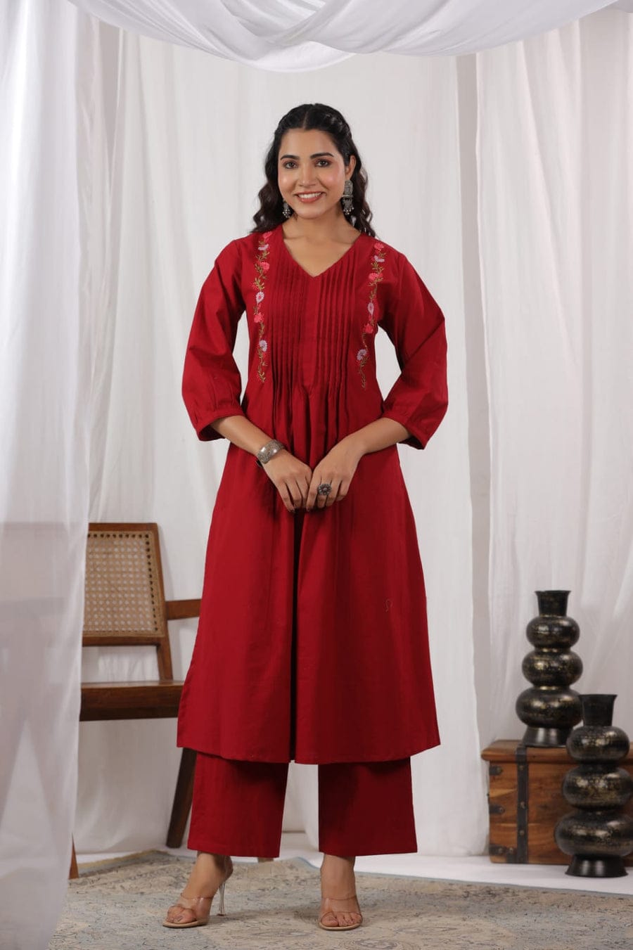 Beautiful Maroon Colored Pure Cotton Pleated Pattern Kurta With Heavy Embroidery