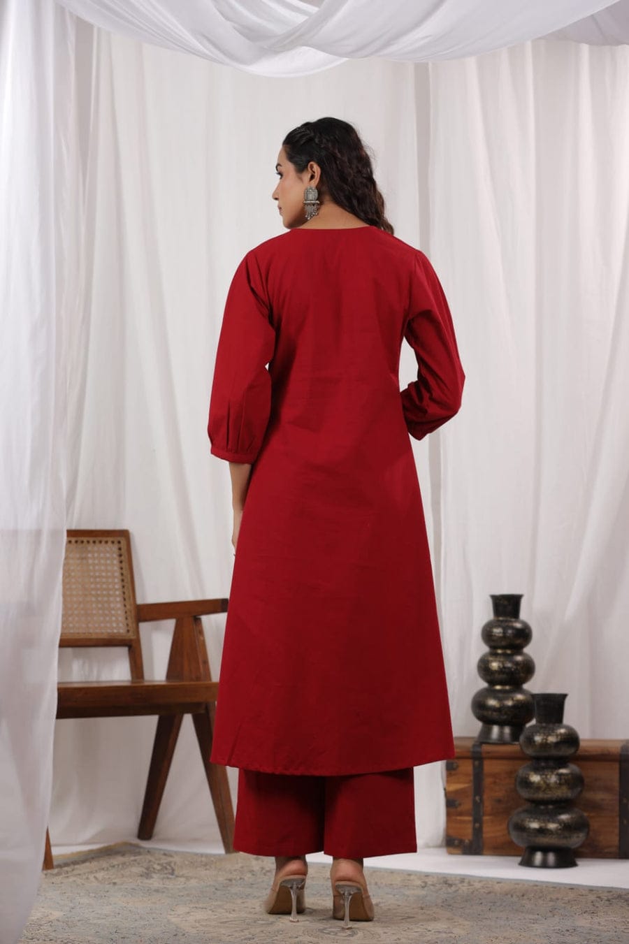 Beautiful Maroon Colored Pure Cotton Pleated Pattern Kurta With Heavy Embroidery