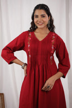 Beautiful Maroon Colored Pure Cotton Pleated Pattern Kurta With Heavy Embroidery
