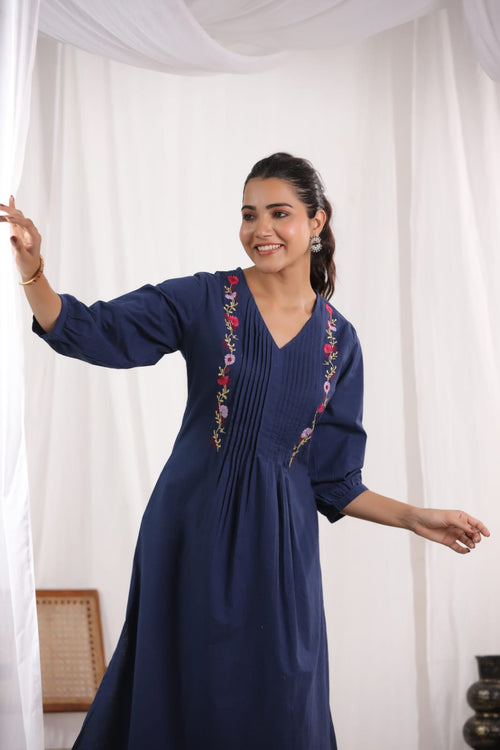 Beautiful Pure Cotton Fabric Pleated Pattern Kurta With Heavy embroidered panels Work