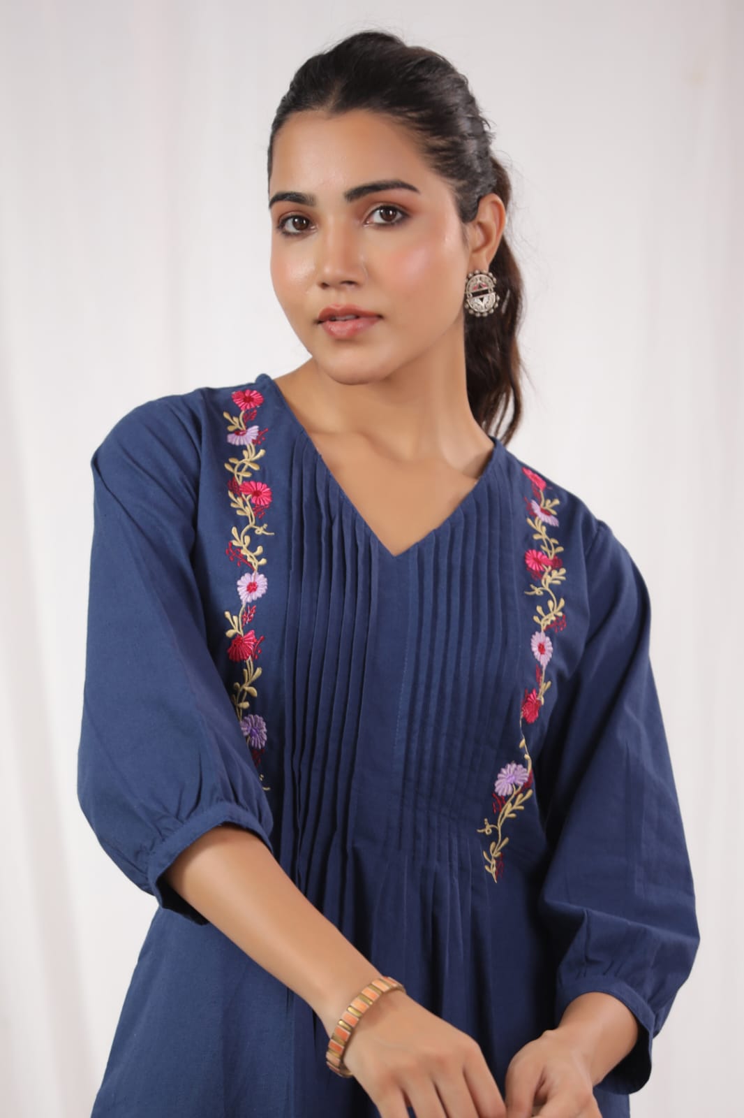 Beautiful Pure Cotton Fabric Pleated Pattern Kurta With Heavy embroidered panels Work