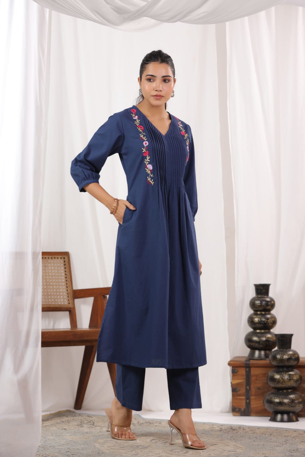 Beautiful Pure Cotton Fabric Pleated Pattern Kurta With Heavy embroidered panels Work