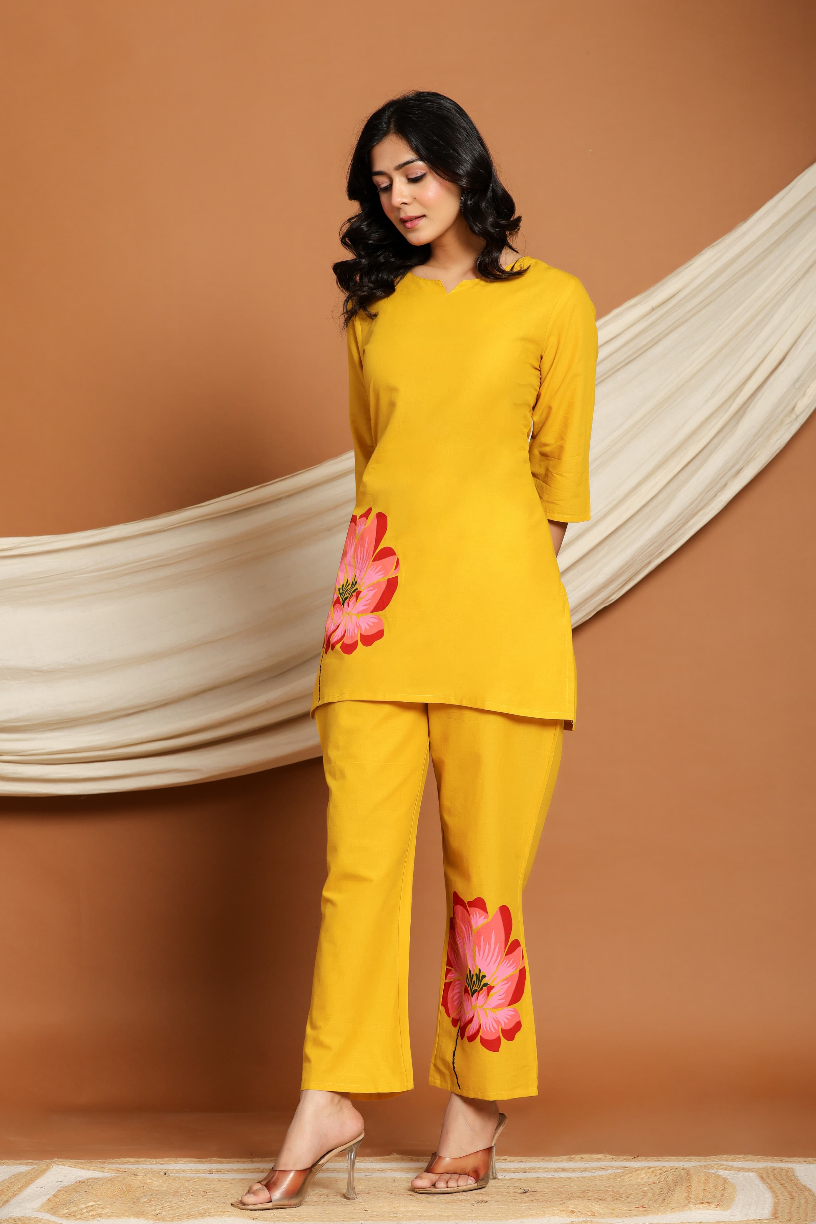 Yellow Bloom Grace Co-ord Set with hand-painted floral motifs