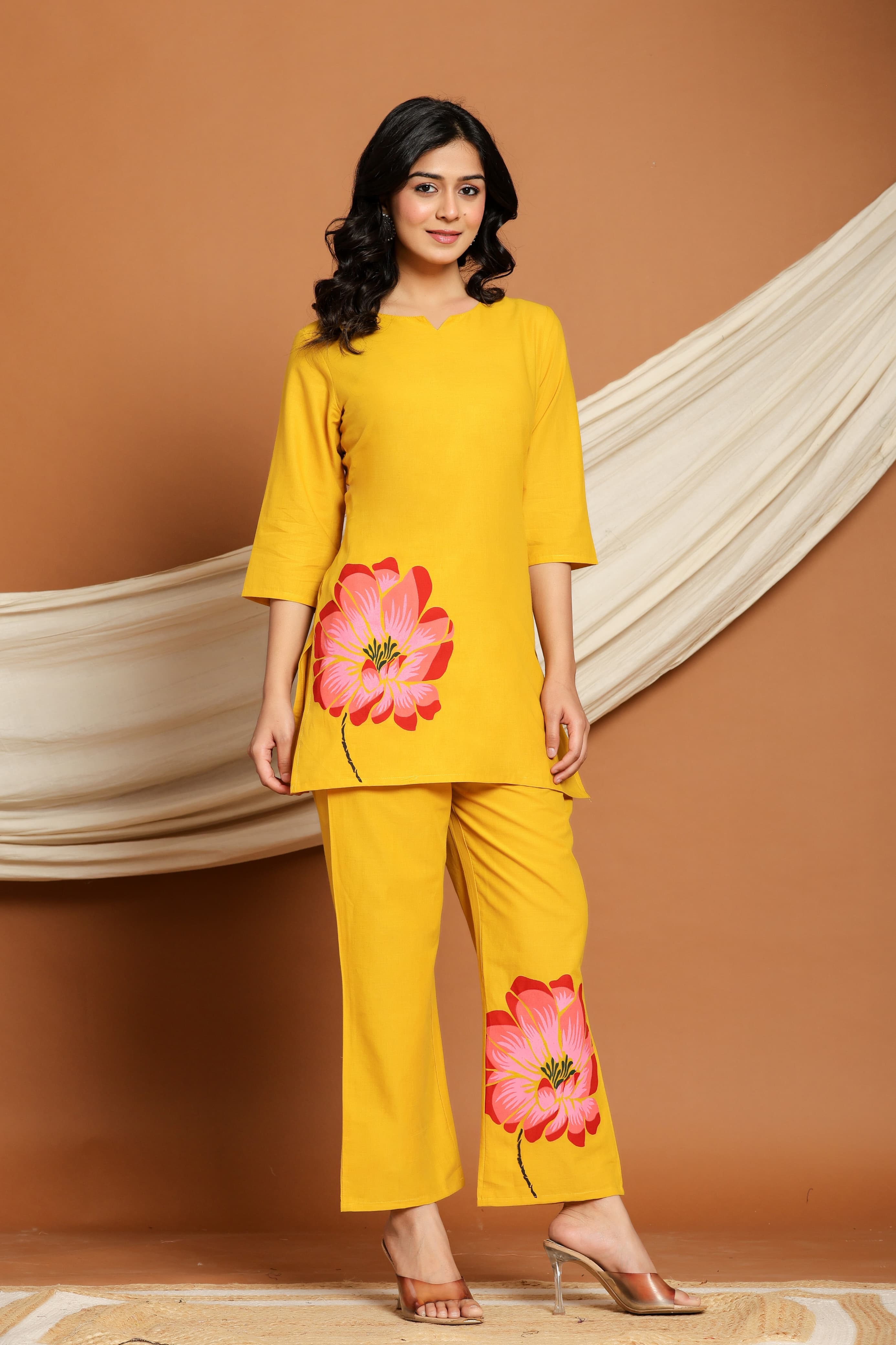 Yellow Bloom Grace Co-ord Set with hand-painted floral motifs