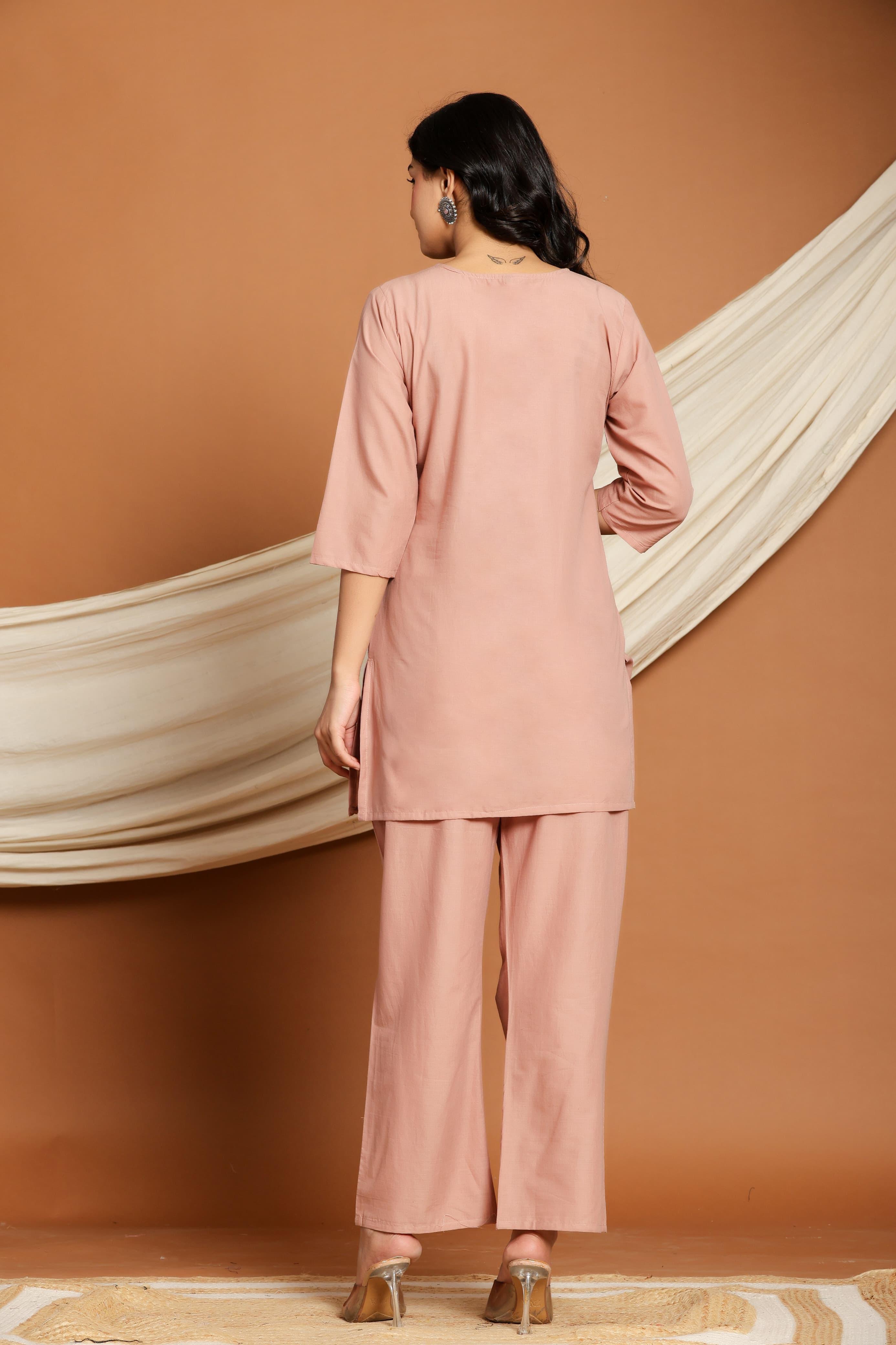 Dusty Rose Bloom Co-ord Set with hand-painted floral motifs