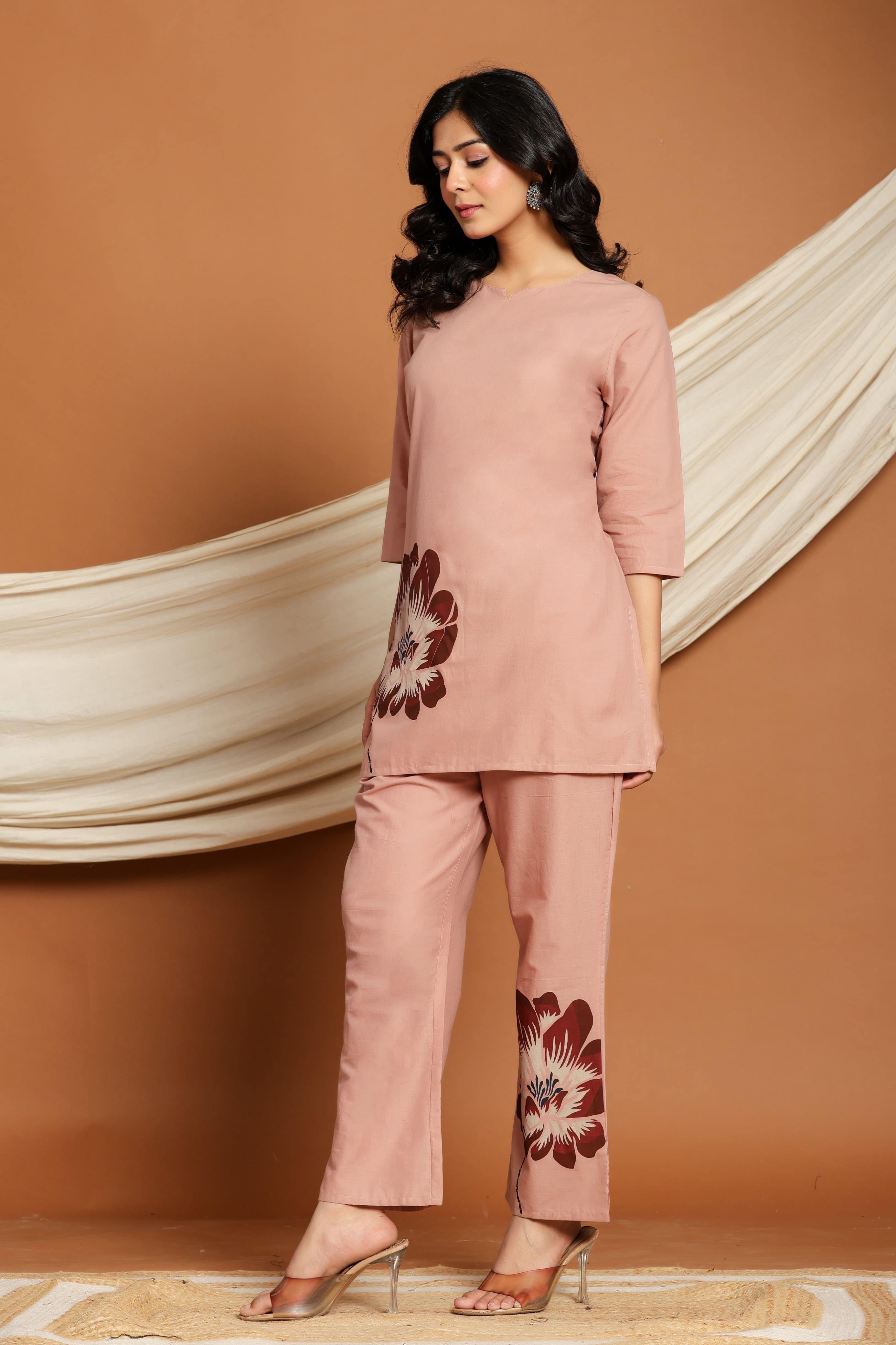 Dusty Rose Bloom Co-ord Set with hand-painted floral motifs