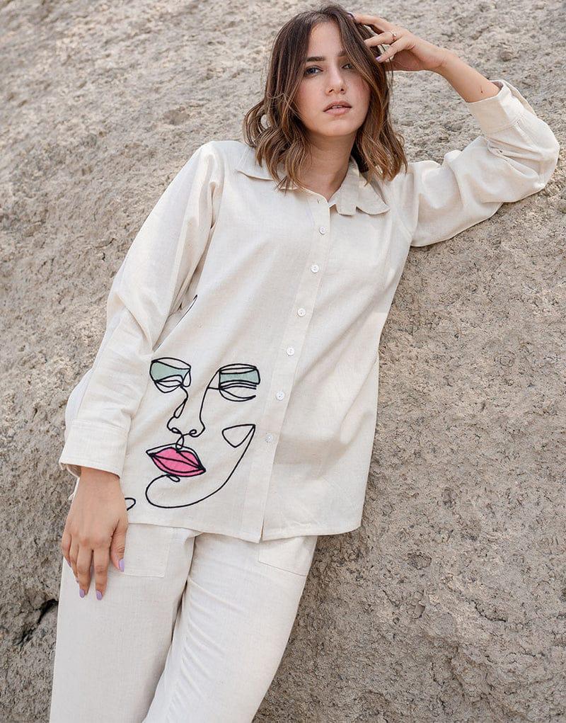 White Relaxed Fit Co-ord Set with Contemporary Line Art Embroidery