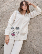 White Relaxed Fit Co-ord Set with Contemporary Line Art Embroidery