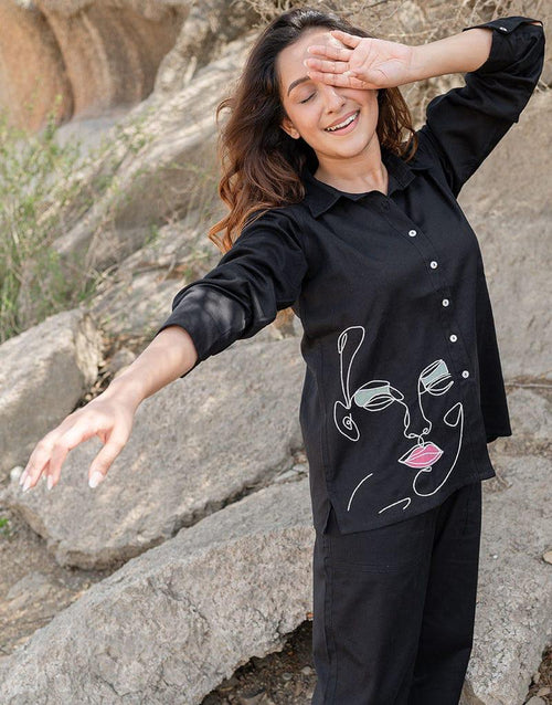 Black Collared Co-ord Set with Artistic Abstract Face Embroidery