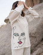 White Relaxed Fit Co-ord Set with Contemporary Line Art Embroidery