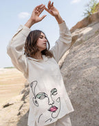 White Relaxed Fit Co-ord Set with Contemporary Line Art Embroidery