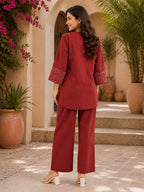 Women’s Maroon Embroidered Sleeve Co-ord Set | Casual V-Neck Top & Straight Pants