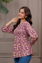 Lavender Abstract Printed Pleated Top | Casual Round Neck 3/4 Sleeve Tunic