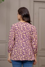 Lavender Abstract Printed Pleated Top | Casual Round Neck 3/4 Sleeve Tunic
