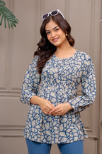 Blue Abstract Printed Pleated Top
