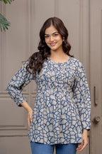 Blue Abstract Printed Pleated Top