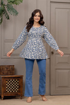 Blue Abstract Printed Pleated Top