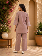 Women’s Mocha Brown Embroidered Sleeve Co-ord Set | Casual V-Neck Top & Straight Pants