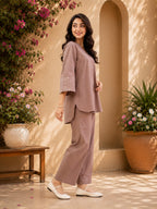 Women’s Mocha Brown Embroidered Sleeve Co-ord Set | Casual V-Neck Top & Straight Pants